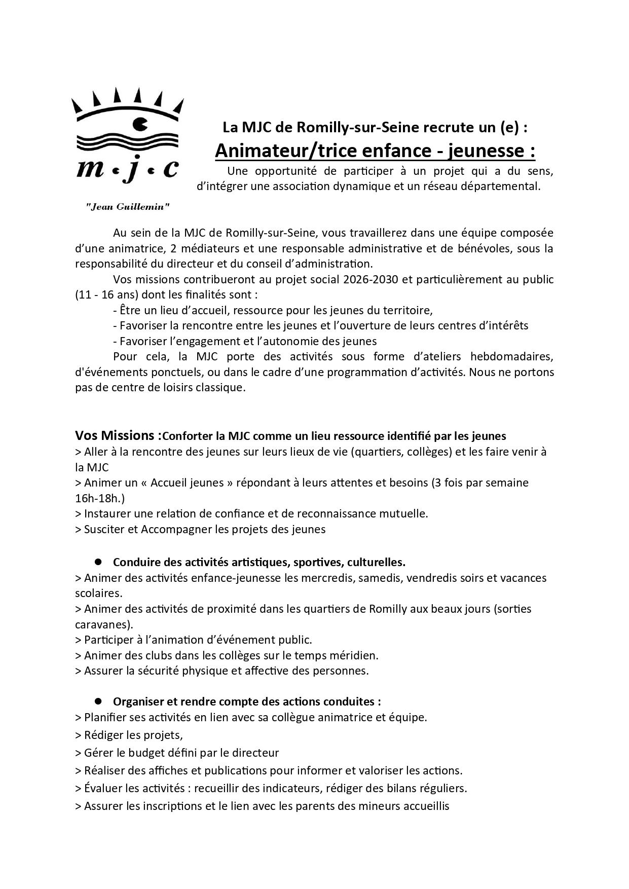 Offre d emploi cdi anim mjc romilly avril 2026 1 page 0001