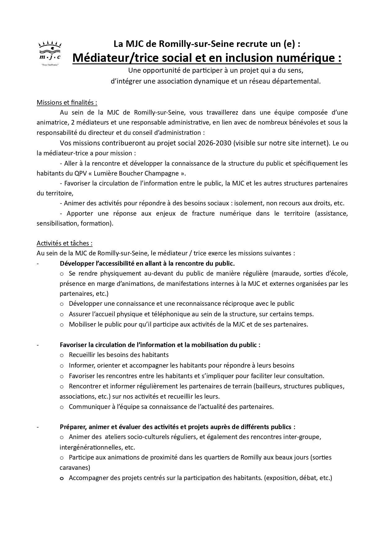 Offre d'emploi médiatrice/teur social et numérique mjc romilly page 1